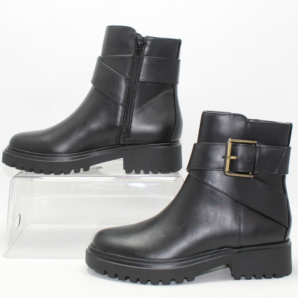 UNISA Black Faux Leather Buckle Strap Lug Sole Ankle Boots Womens Size 5.5 M NEW